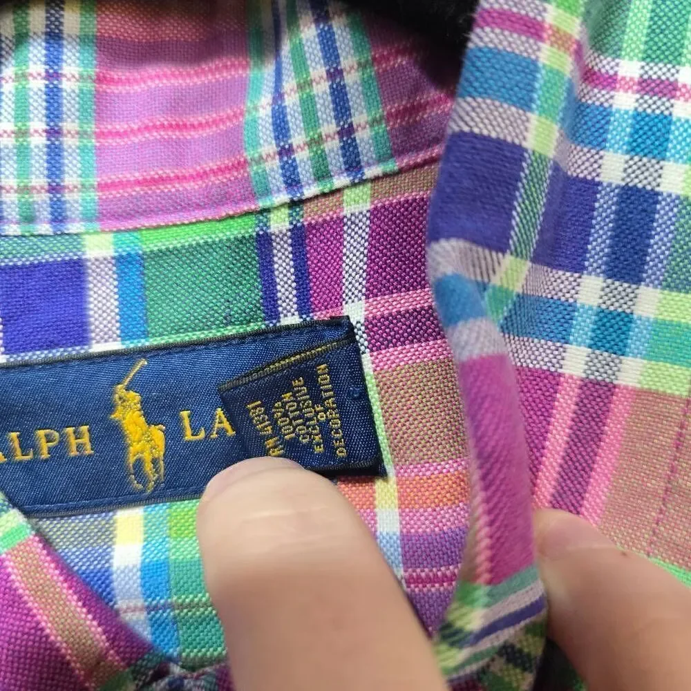 Ralph Lauren Pink Tartan Plaid Shirt Sleeve Button Up Shirt Preppy Summer Bright - Picture 5 of 5